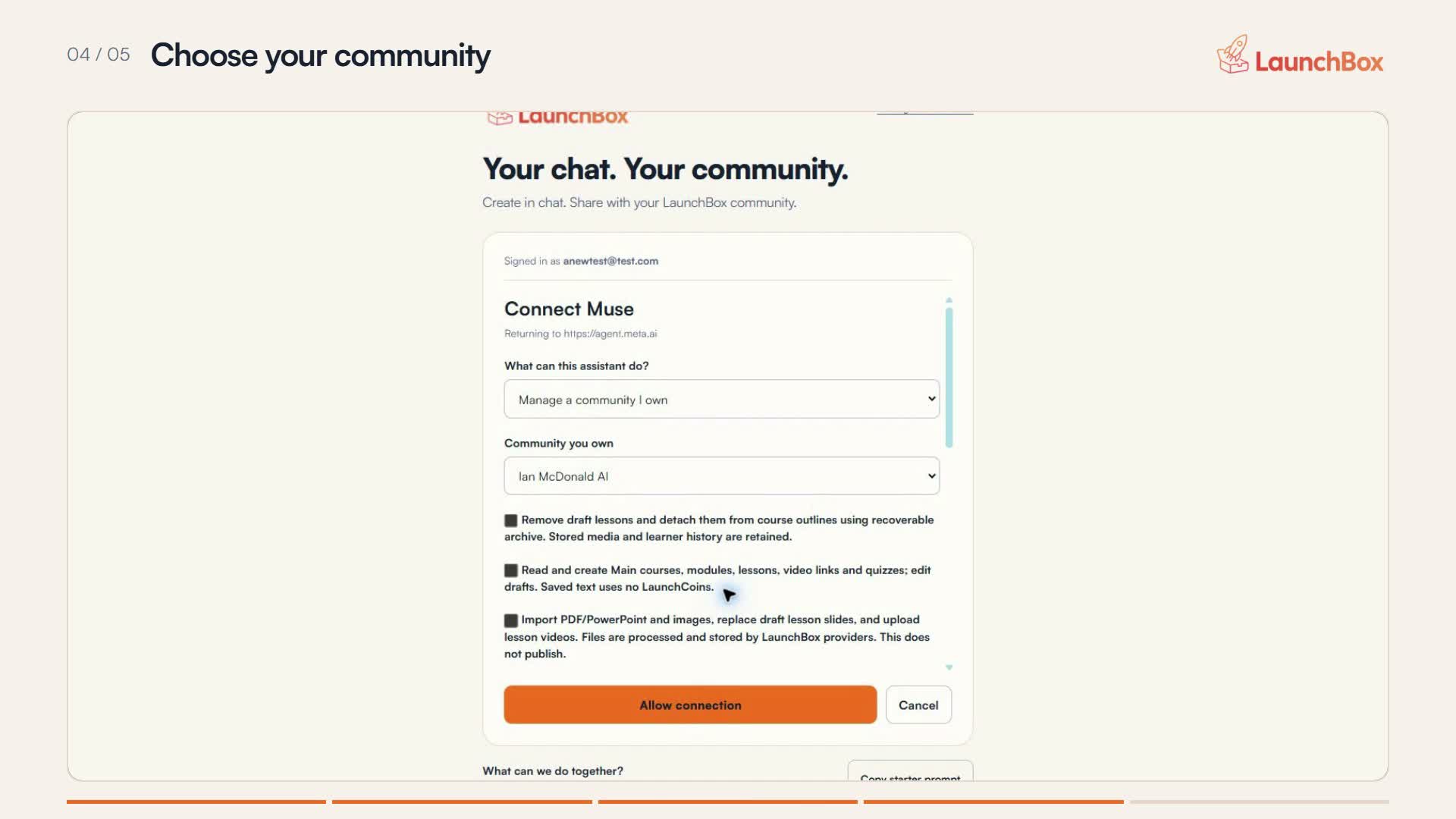 LaunchBox approval page showing Manage a community I own, the community selector, optional permissions and Allow connection.